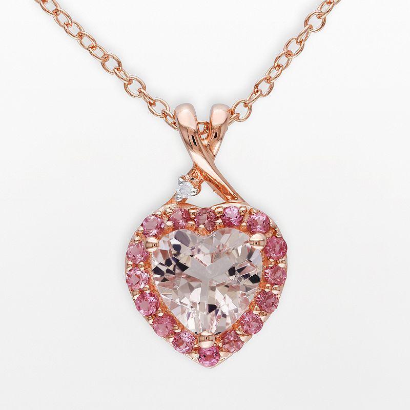 Pink Rhodium-Plated Sterling Silver Morganite, Tourmaline and Diamond Accent Heart Frame Pendant, Womens, Size: 18 Product Image