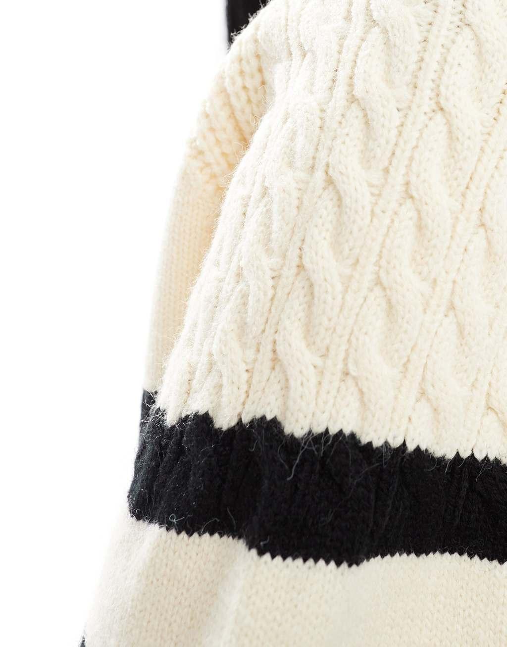 French Connection crew neck knitted sweater in cream and black stripe  Product Image