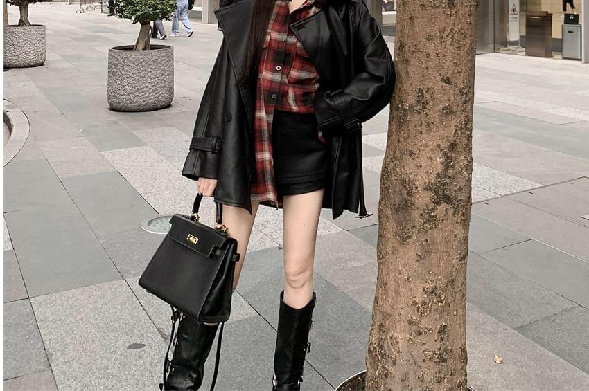 Faux-Leather Loose-Fit Jacket / Faux-Leather Skort / Long-Sleeve Plaid Shirt / Cropped Tank Top Product Image