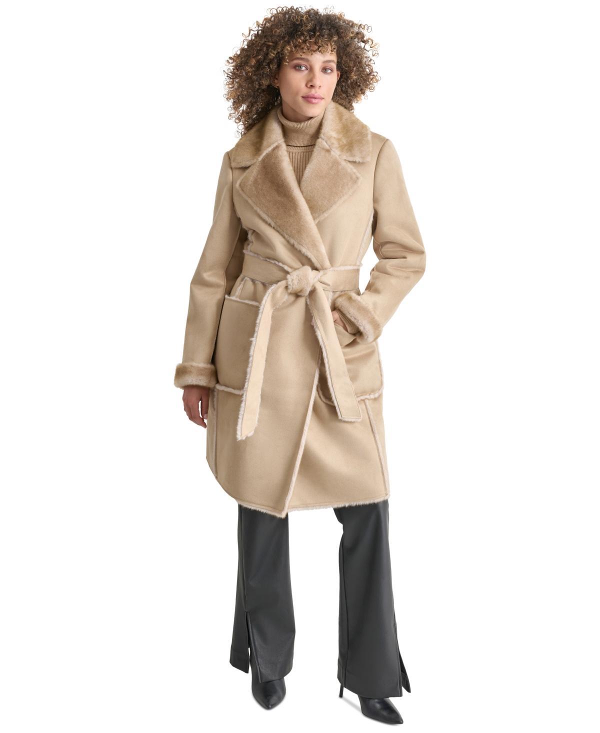 Dkny Womens Belted Notched-Collar Faux-Shearling Coat, Created for Macys Product Image