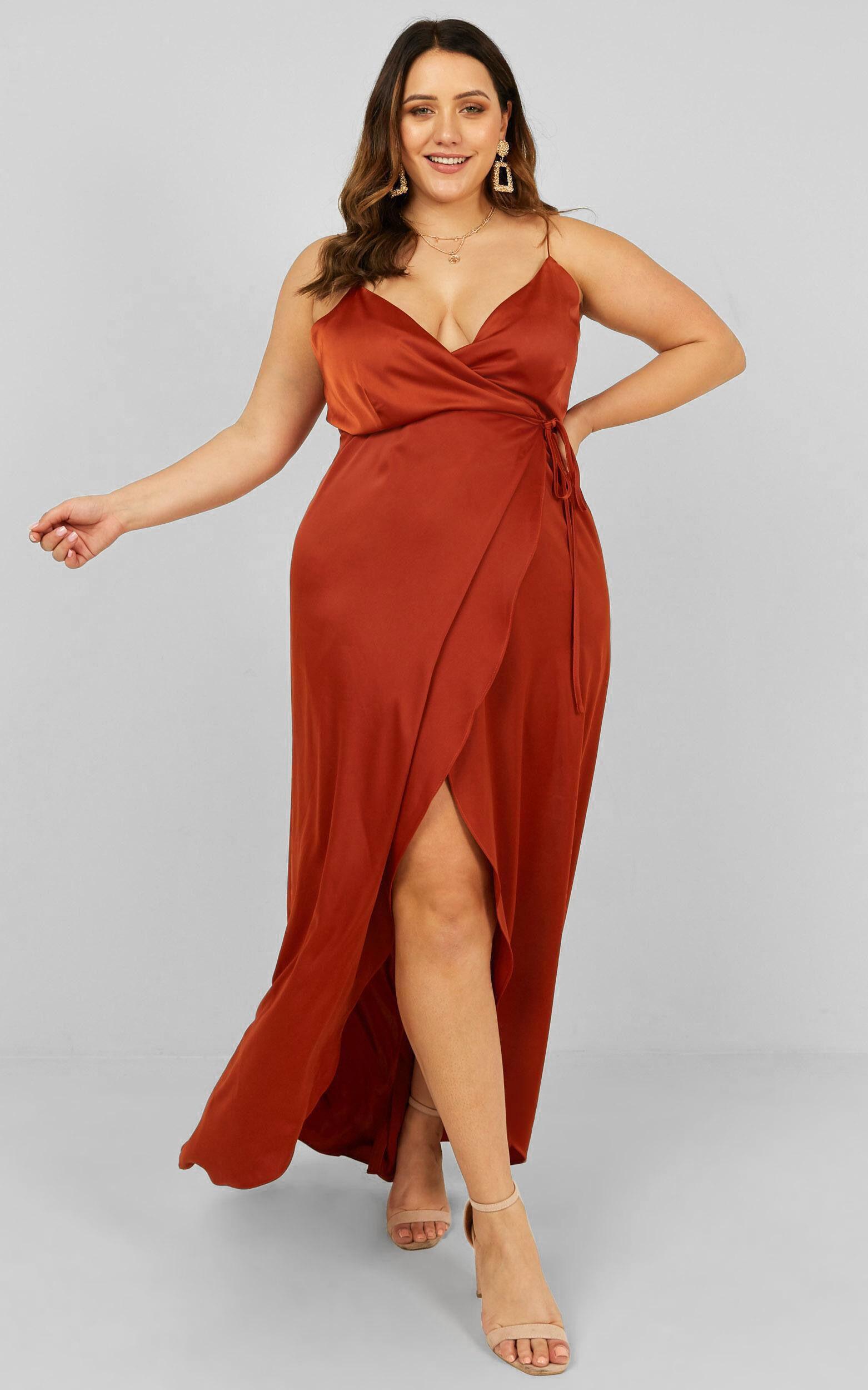 Mine Would Be You Midi Dress - Wrap Dress in Copper Satin Product Image