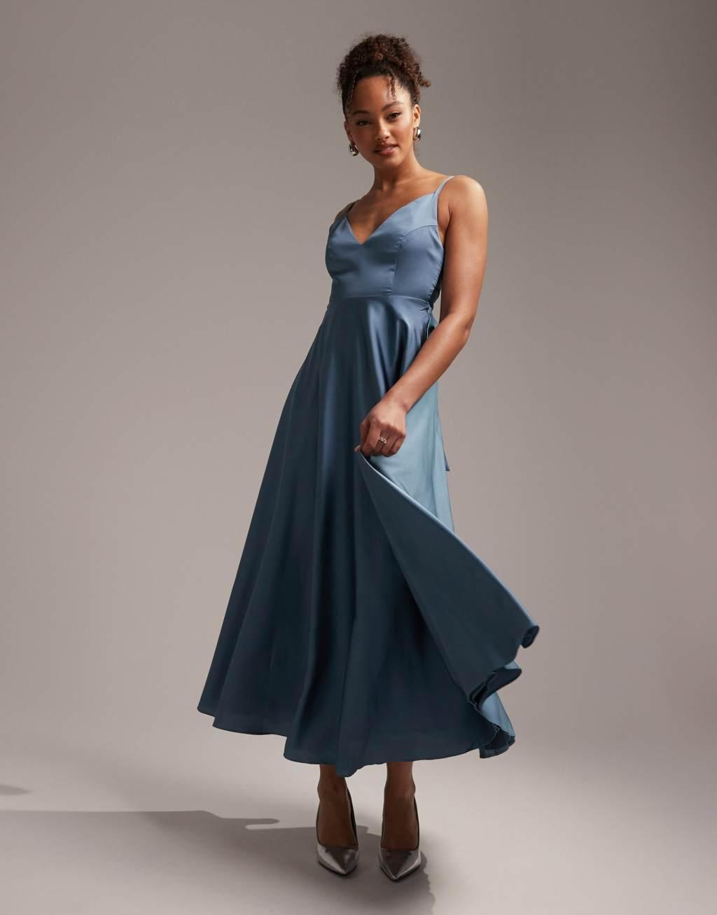 ASOS DESIGN satin midi dress with tie back in dusky blue   Product Image