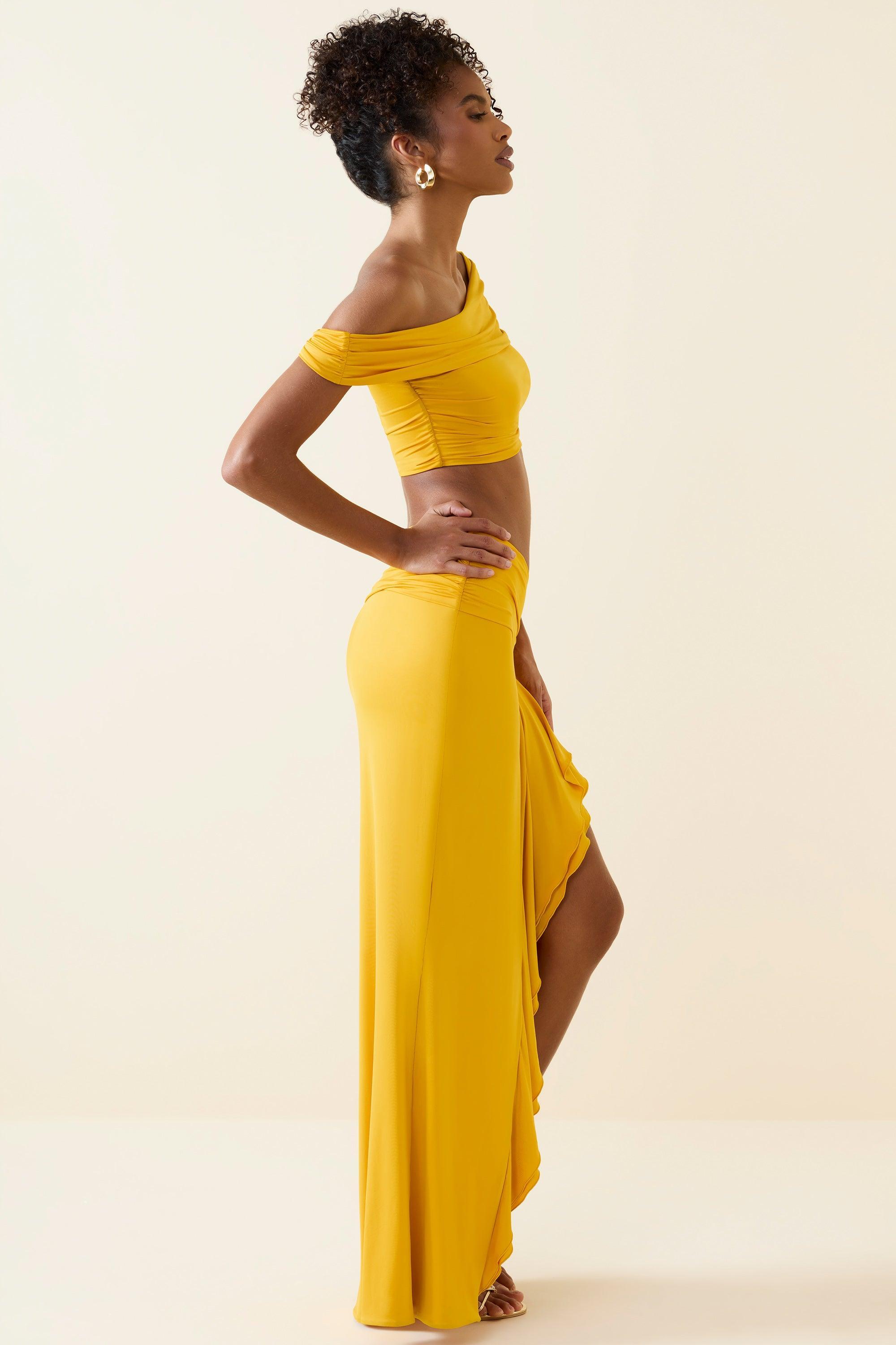 Asymmetric Ruffled Low-Rise Maxi Skirt in Golden Yellow Product Image