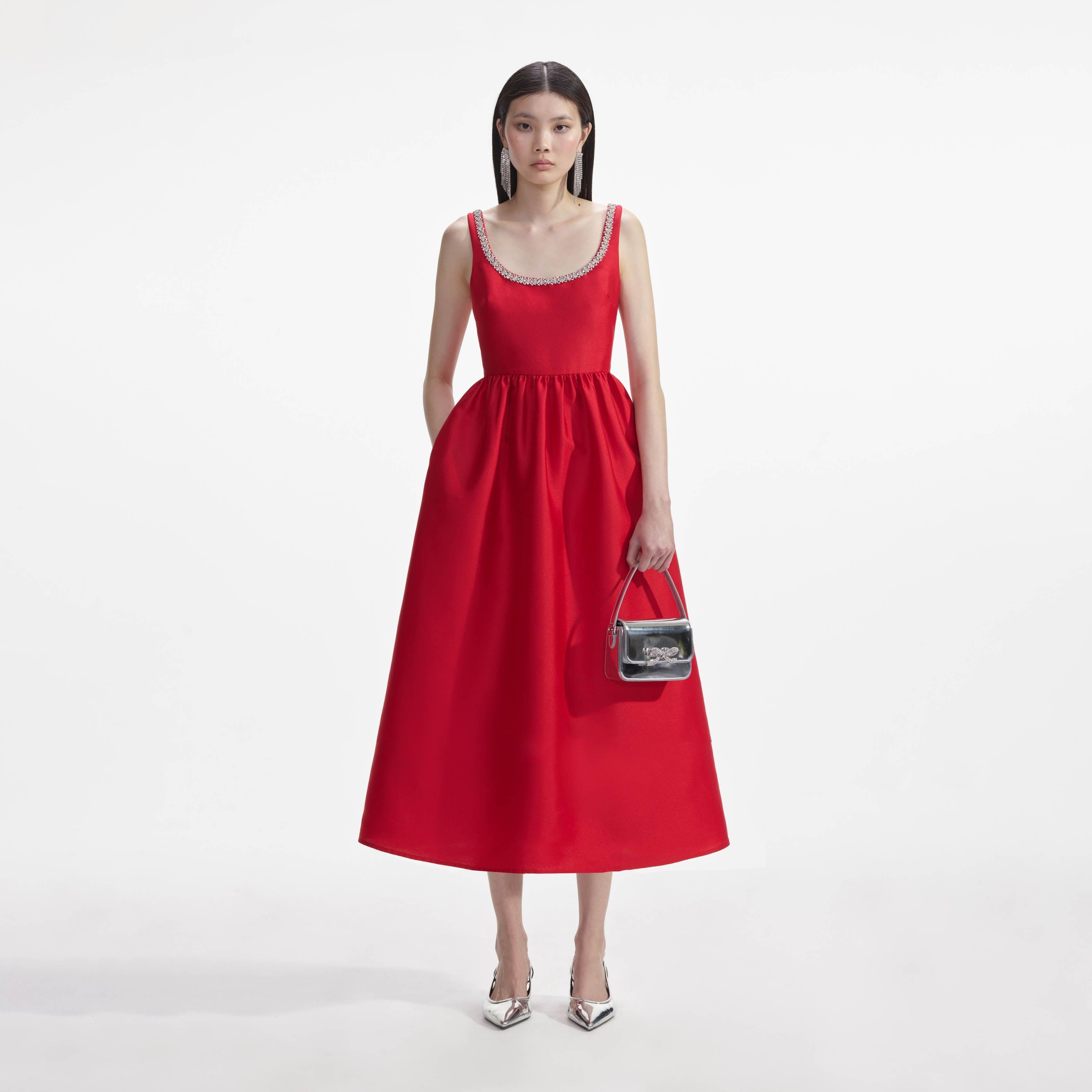 Red Taffeta Diamante Midi Dress Product Image