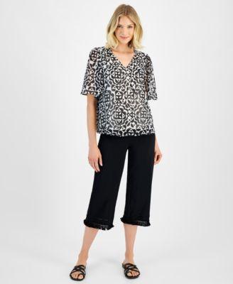 Jm Collection Womens Graphic Grandeur Necklace Top Fringe Trim Capri Pants Created For Macys Product Image