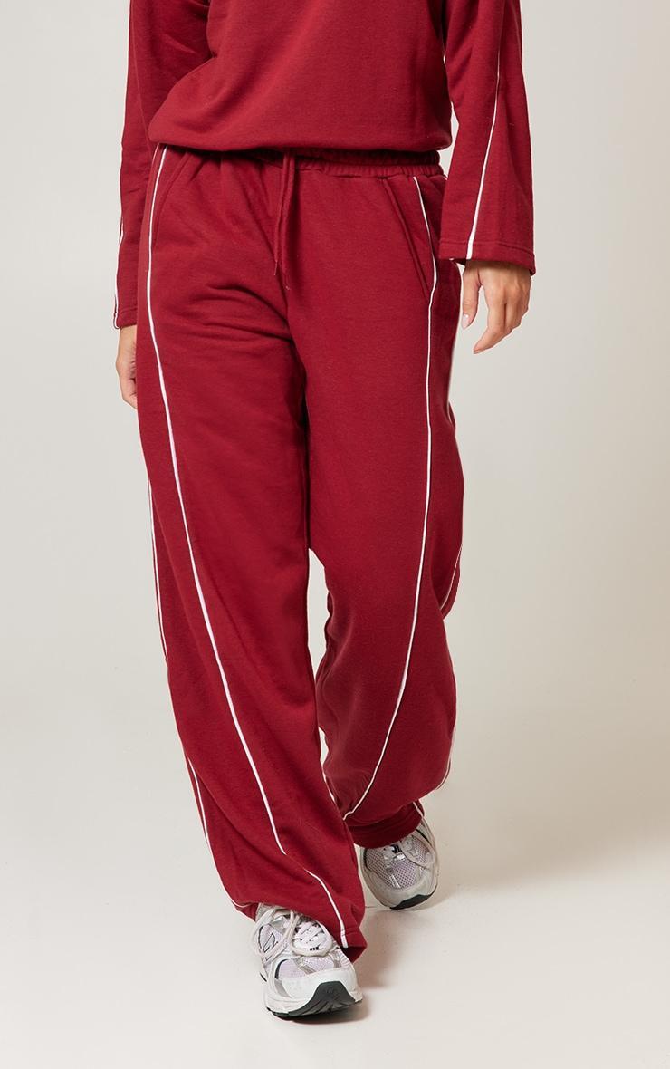 Dark Red Contrast Piping Detail Wide Leg Sweatpants Product Image