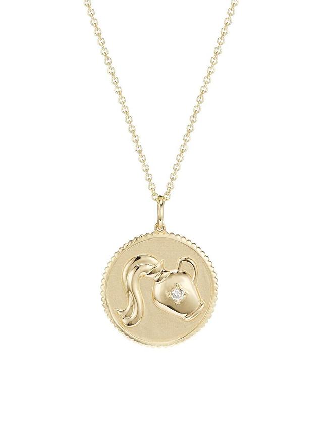 Womens 14K Yellow Gold & Diamond Large Aquarius Medallion Pendant Necklace Product Image