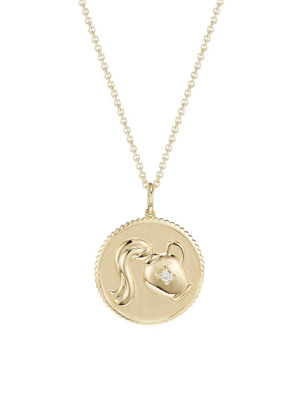 Womens 14K Yellow Gold & Diamond Large Zodiac Medallion Pendant Necklace Product Image