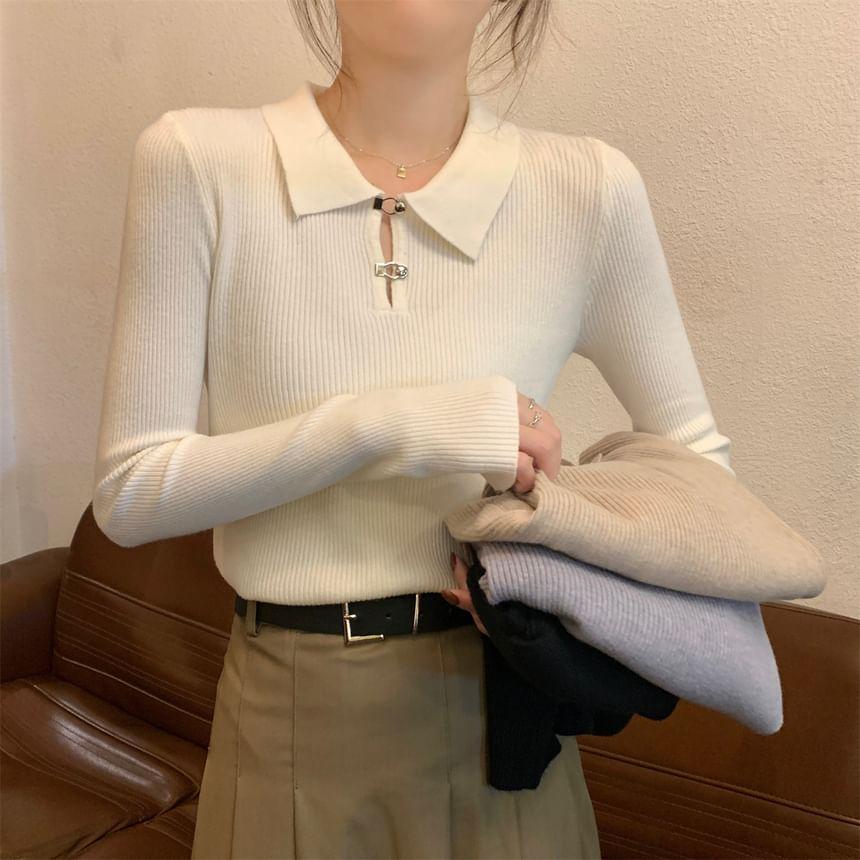 Long-Sleeve Collared Plain Ribbed Slim Fit Knit Top Product Image