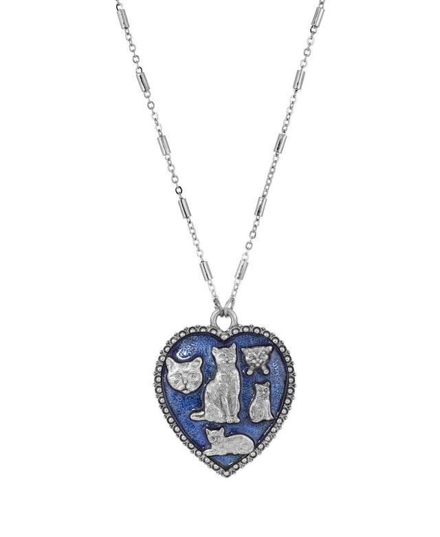 1928 Silver Tone Blue Enamel Cat Heart Pendant Necklace, Womens Product Image