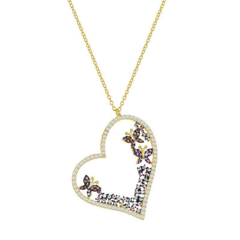 Sterling Silver Cubic Zirconia Heart & Butterflies Necklace, Womens Gold Tone Product Image