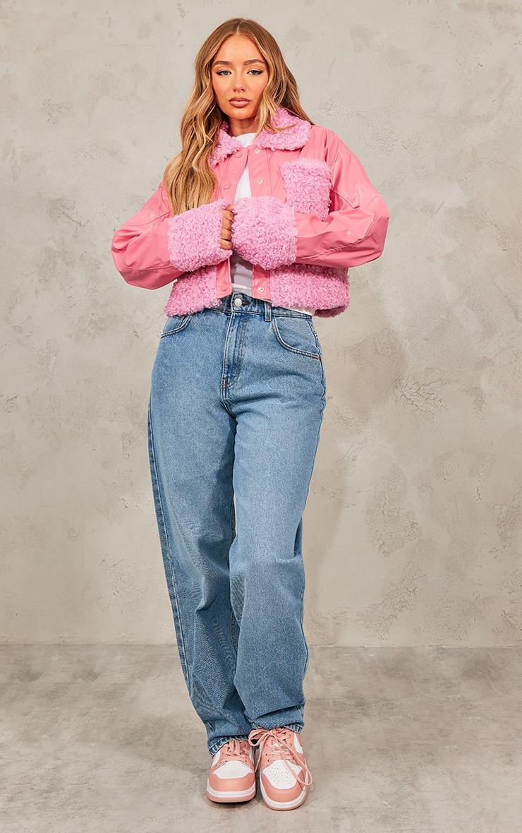  Pink Borg Pocket Front Faux Leather Cropped Coat Product Image