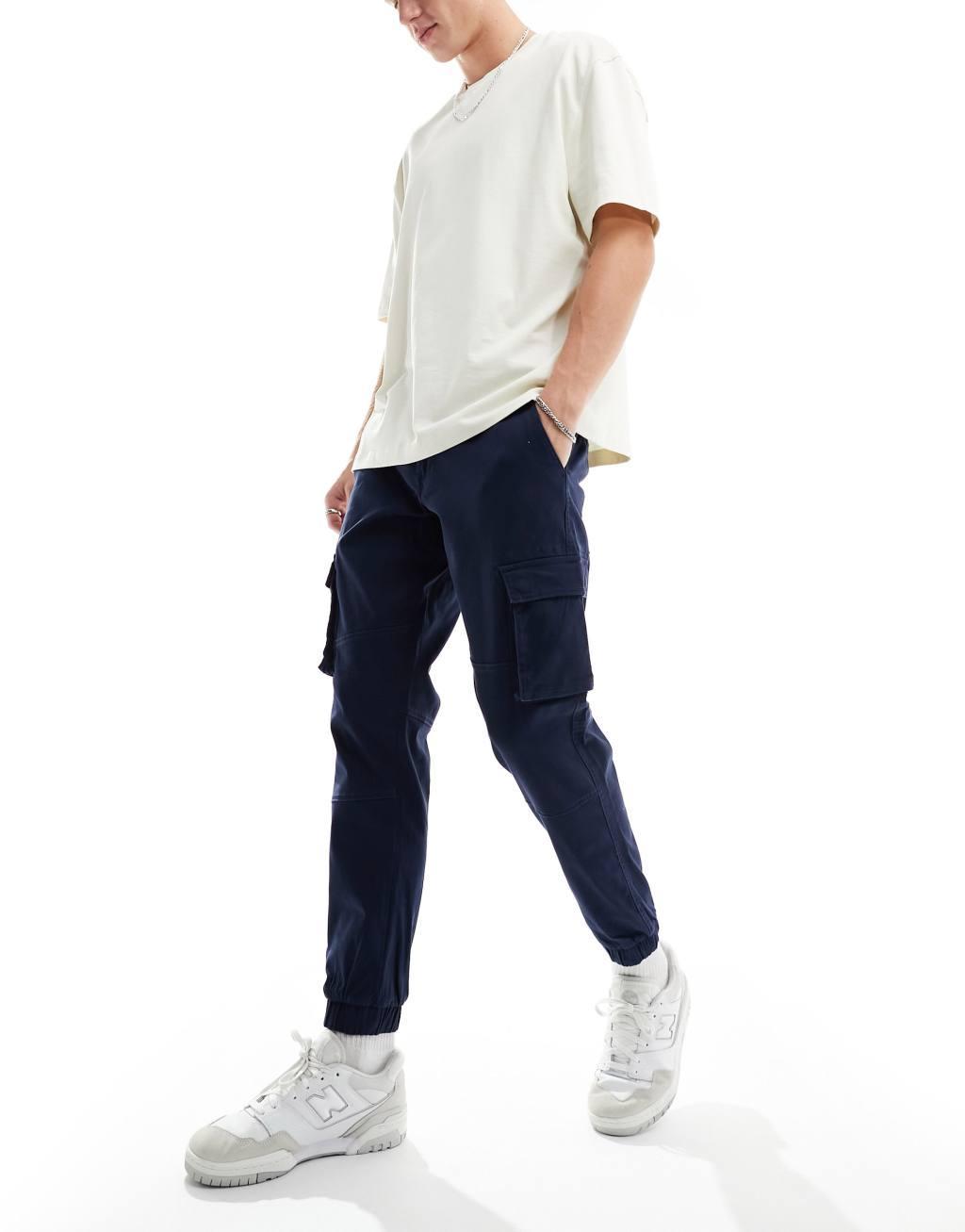 ONLY & SONS tapered fit cargo pants with cuffed bottoms in navy product image