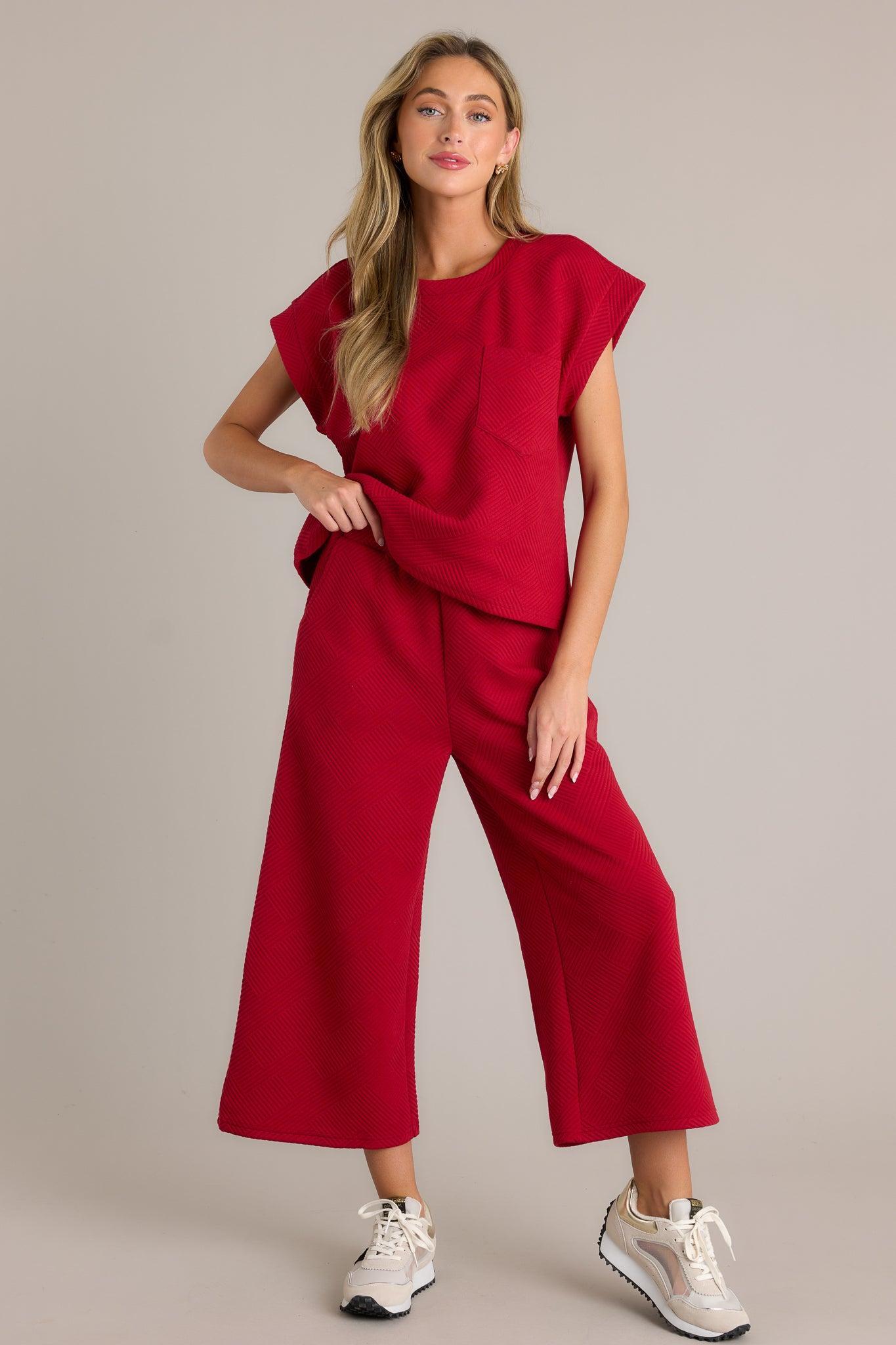 Tell Me Scarlet Red Cropped Textured Pants Product Image