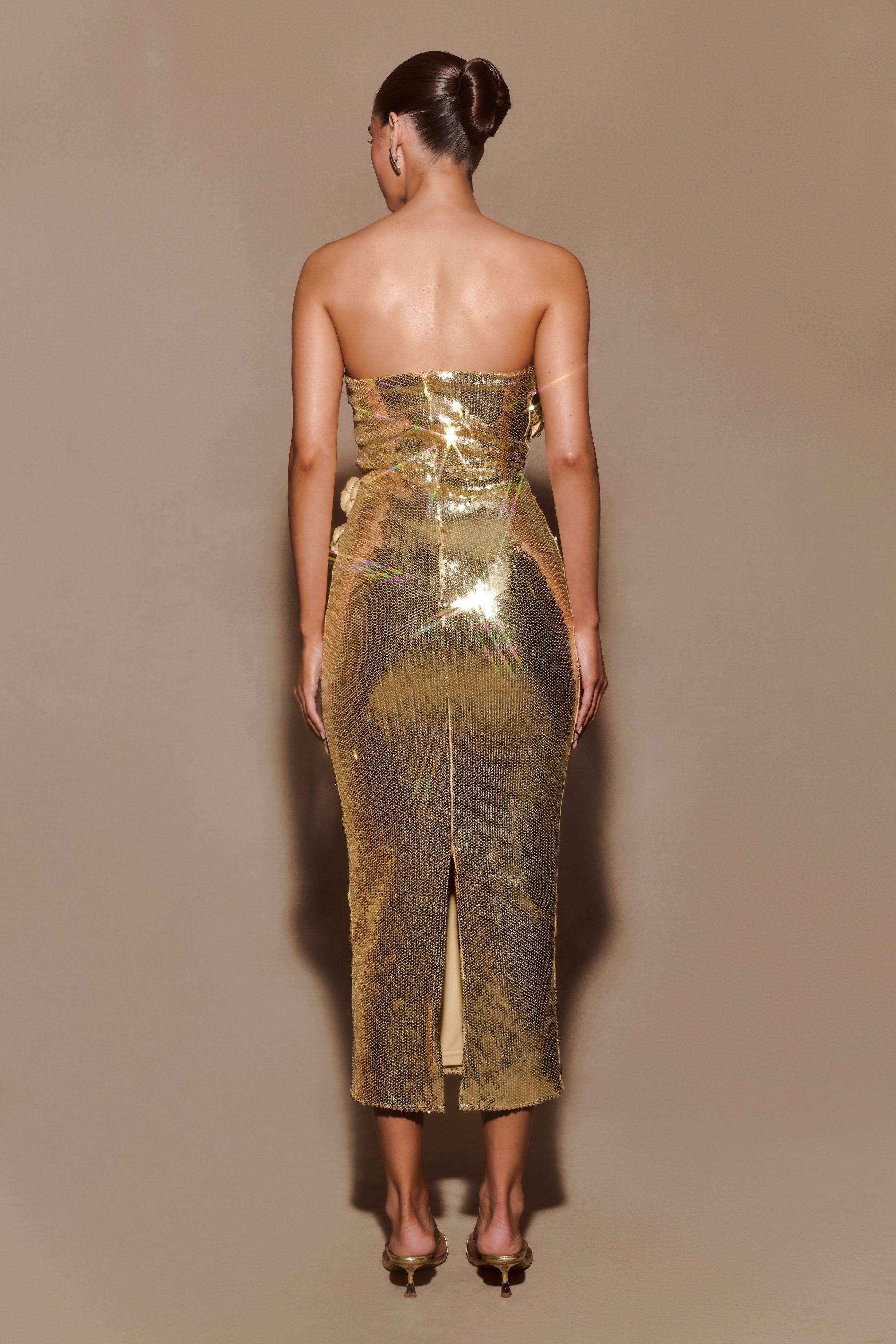 Cassia Strapless Sequin Rose Midi Dress - Gold Product Image