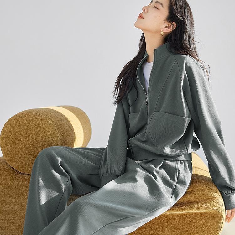 Set: Stand Collar Plain Zip Jacket + Mid Rise Plain Wide Leg Pants Product Image