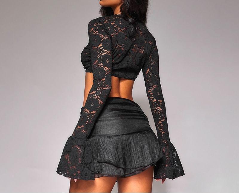 Flared-Sleeve Crew Neck Floral Lace Crop Top Product Image