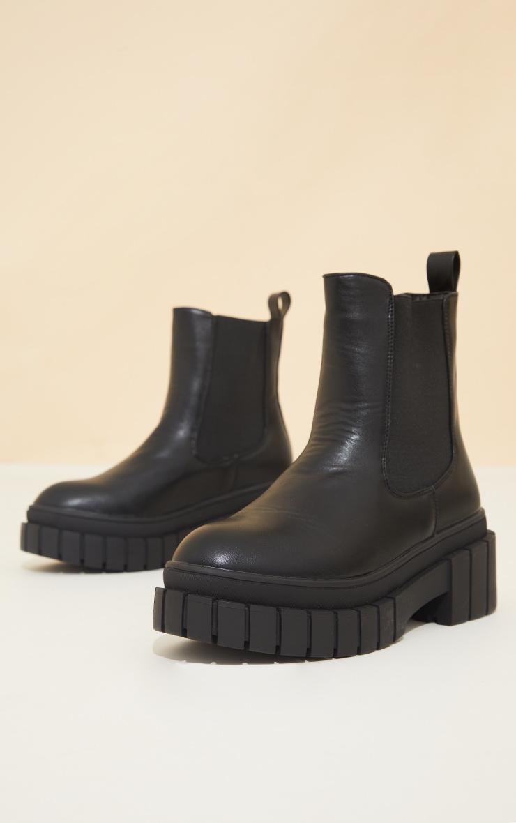 Black PU Cleated Chelsea Ankle Chunky Boots Product Image