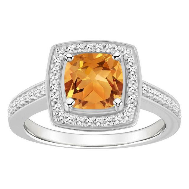 Celebration Gems Sterling Silver 7 mm Cushion Gemstone & 1/4 Carat T.W. Diamond Halo Ring, Womens, Citrine Product Image