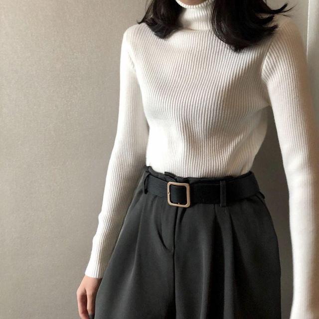 Long-Sleeve Turtleneck Plain Slim Fit Knit Top Product Image