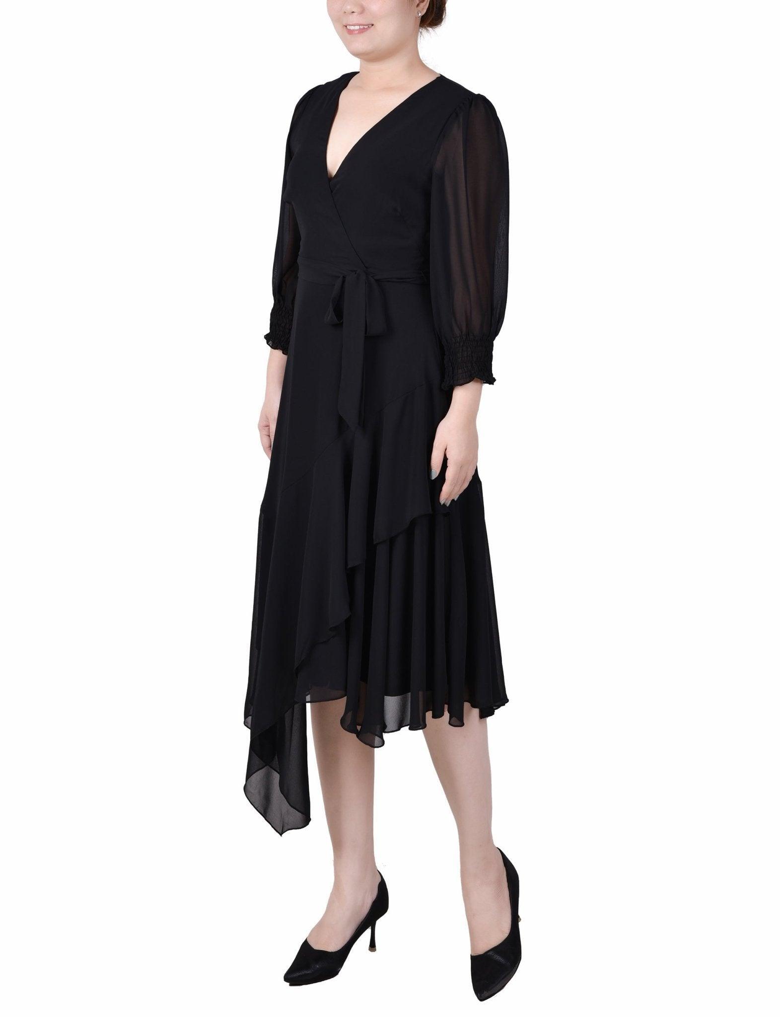 3/4 Length Sleeve Belted Chiffon Handkerchief Hem Dress - Petite Product Image