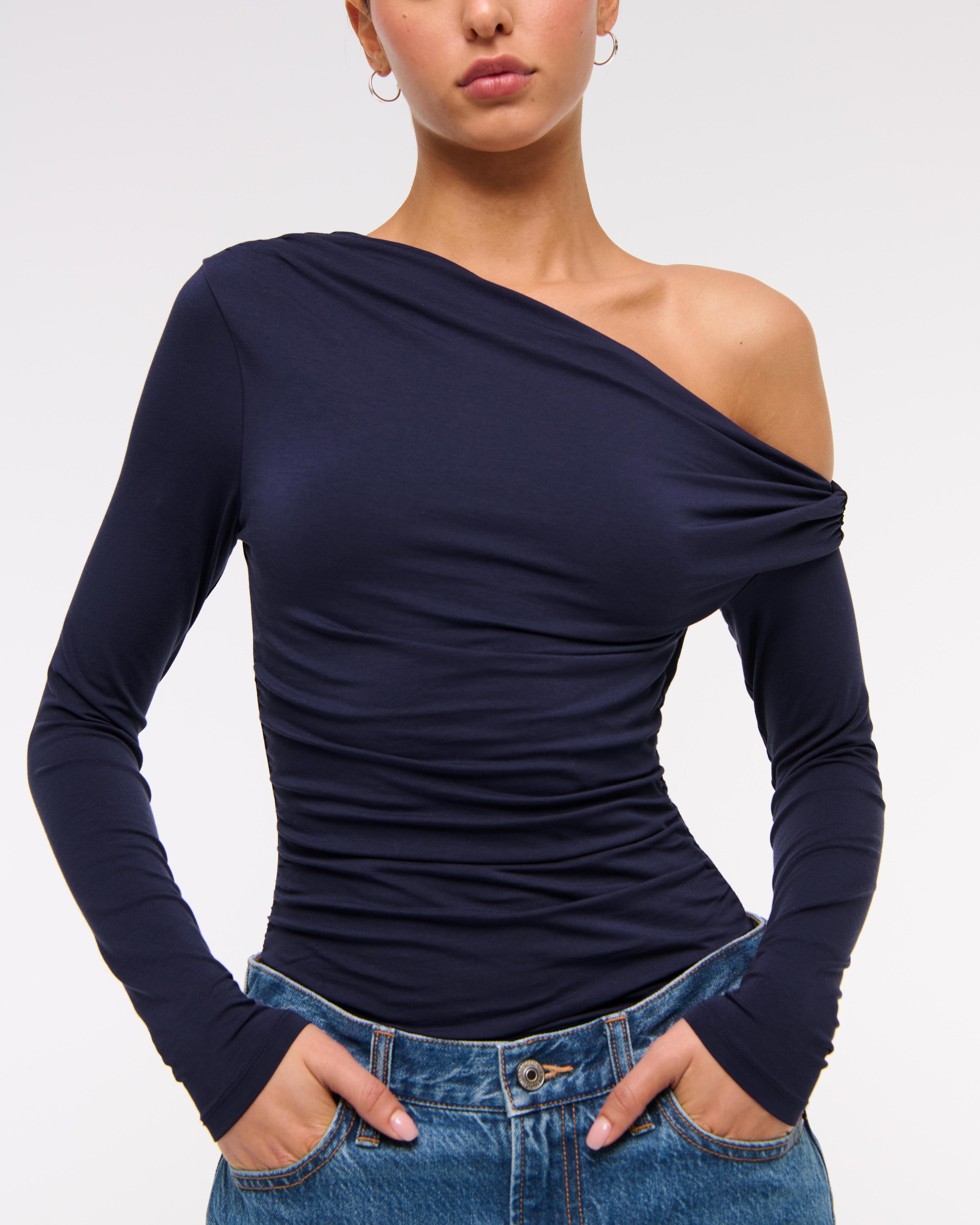 Long-Sleeve Off-The-Shoulder Draped Top Product Image