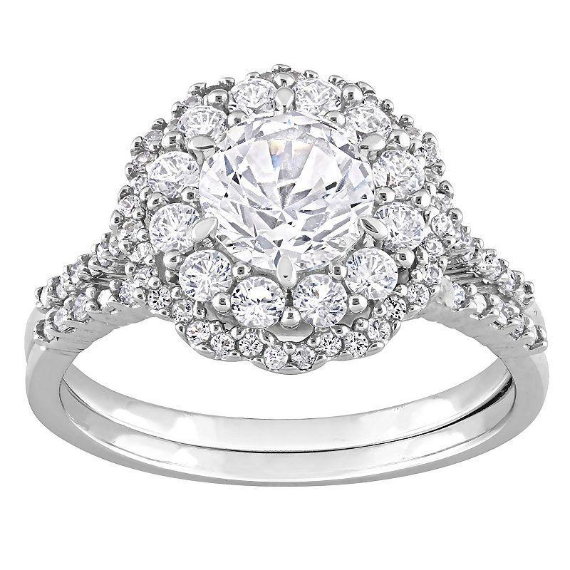 Stella Grace 10K White Gold Lab Created White Sapphire and 1/10 carat T.W. Diamond Halo Bridal Ring Set, Womens Product Image