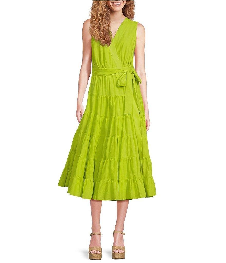 Gibson & Latimer Tiered Sleeveless Tie Waist Wrap Midi Dress Product Image