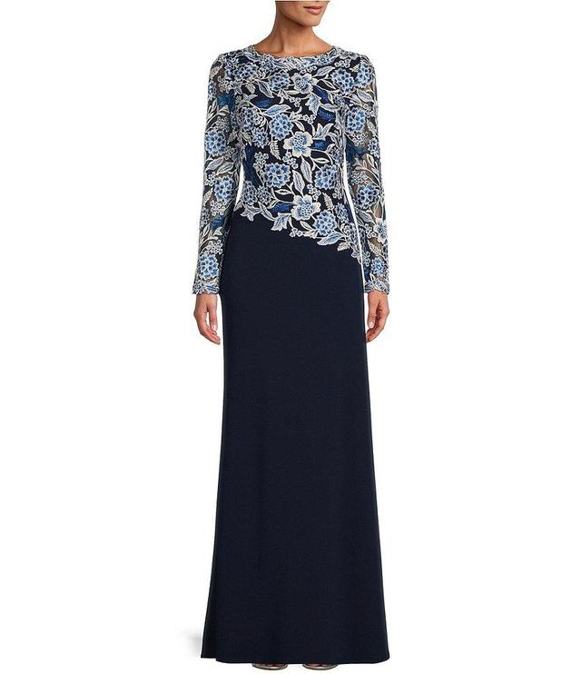 Tadashi Shoji Asymmetrical Embroidered Lace Boat Neck Long Sleeve Gown Product Image