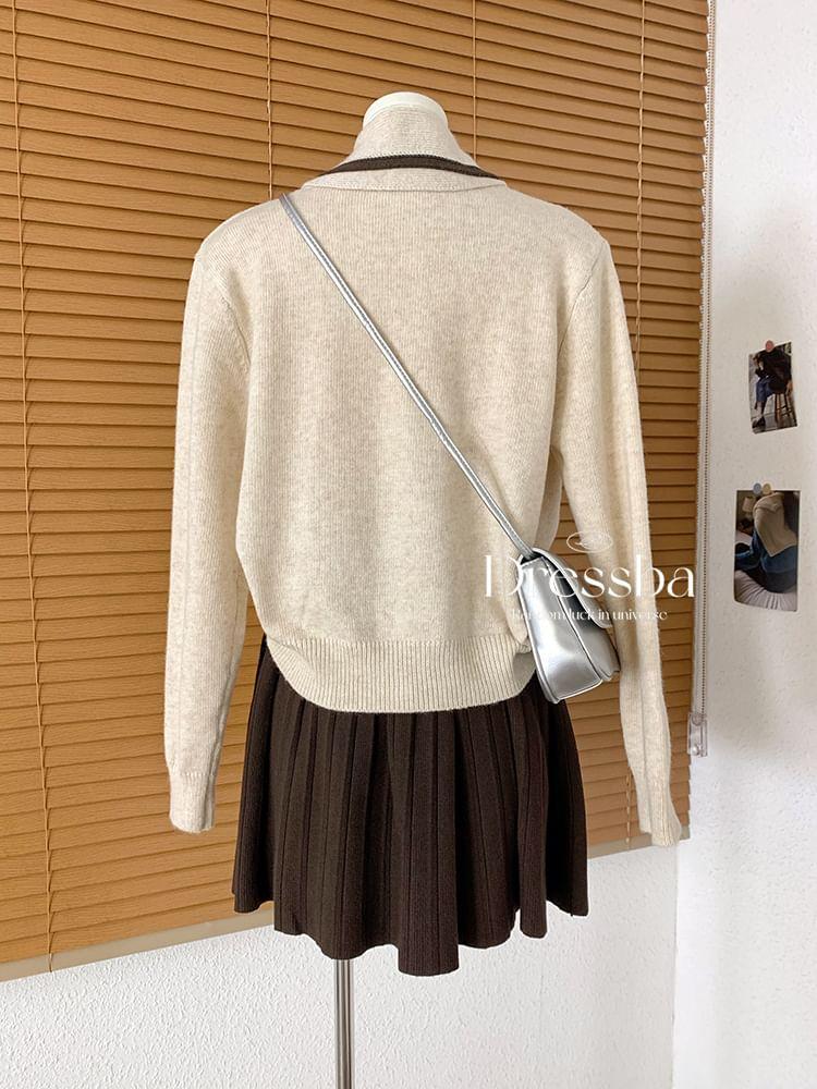 Set: Round Neck Plain Cardigan + Contrast Trim Scarf Product Image