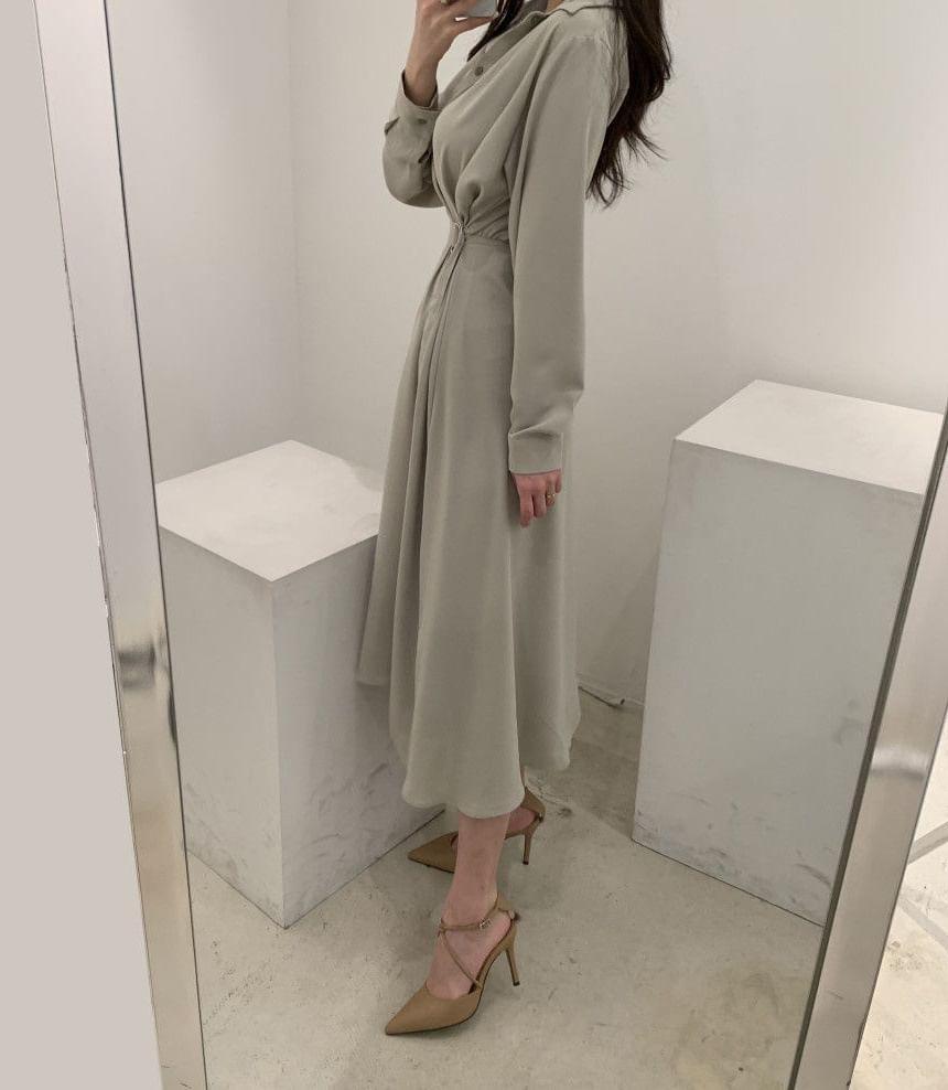 Long Sleeve Collared V-Neck Plain Midi Shirt Dress Product Image