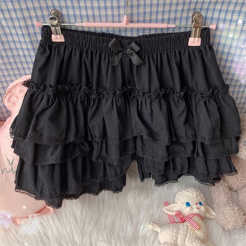 Elastic Waist Plain Bow Accent Lace Trim Tiered Ruffle Mini A-Line Skort Product Image