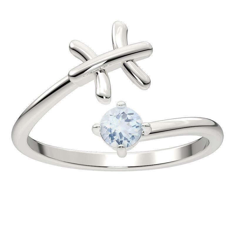 Sterling Silver Aquamarine Pisces Zodiac Sign Bypass Ring, Womens Product Image