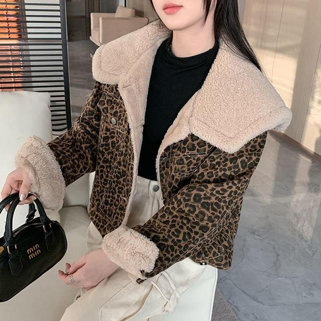 Collared Fleece Lined Leopard Button Jacket Product Image