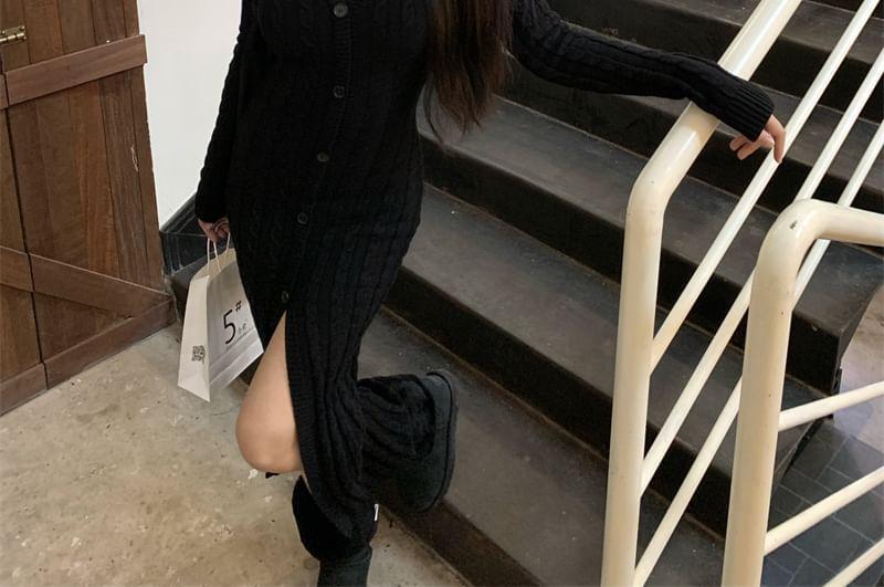 Long-Sleeve V-Neck Plain Cable Knit Button-Up Slit Midi Sheath Dress Product Image