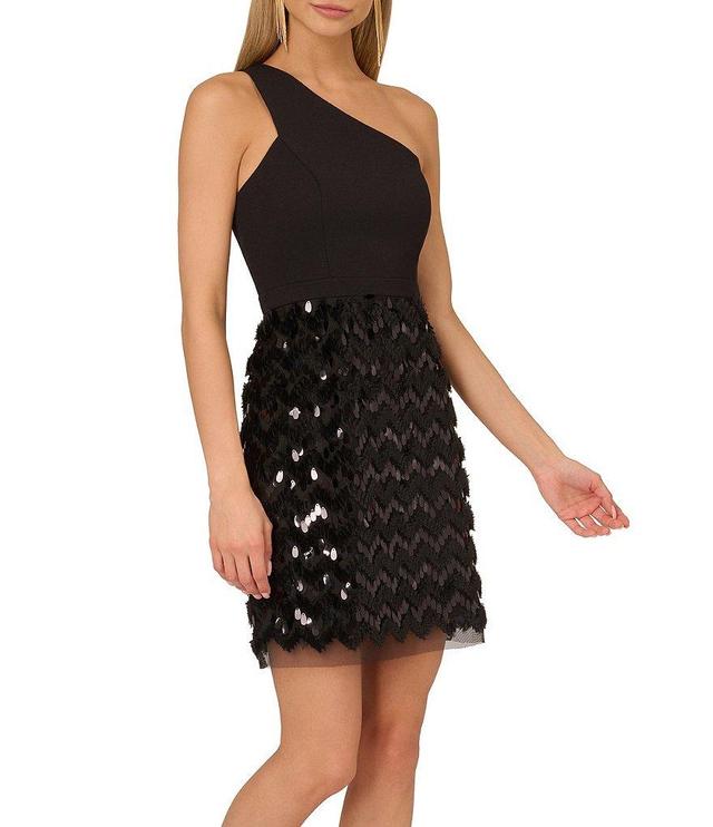 Adrianna by Adrianna Papell Crepe Sequin One-Shoulder Sleeveless Mini Dress Product Image