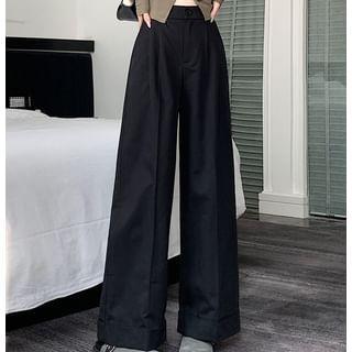 High Rise Plain Roll Up Hem Cropped Wide Leg Pants Product Image