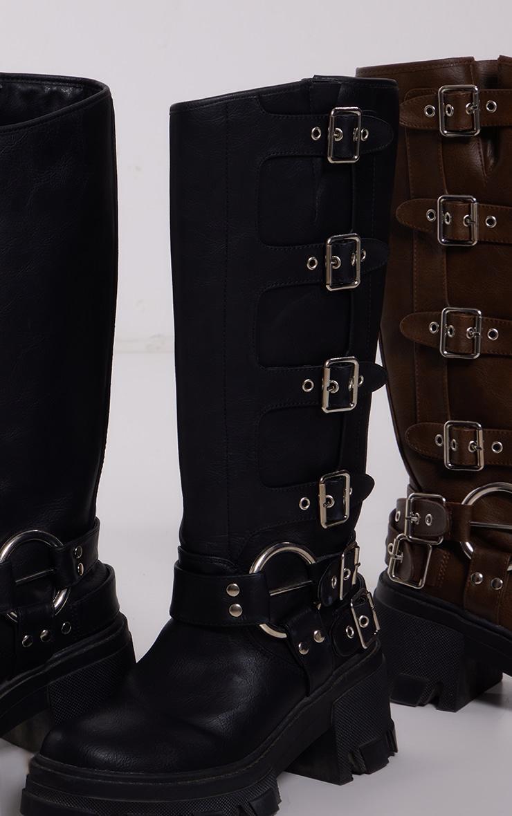 Black Faux Leather Buckle Detail Biker Knee High Boots Product Image