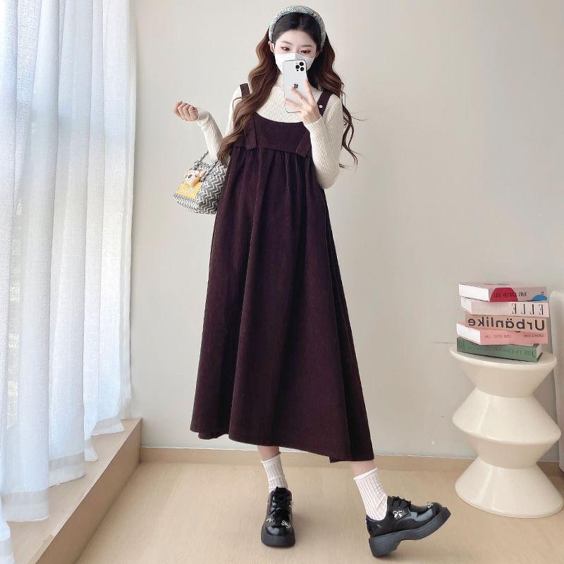 Maternity Long-Sleeve Mock Neck Plain Knit Top / Corduroy Midi A-Line Dungaree Dress / Set Product Image