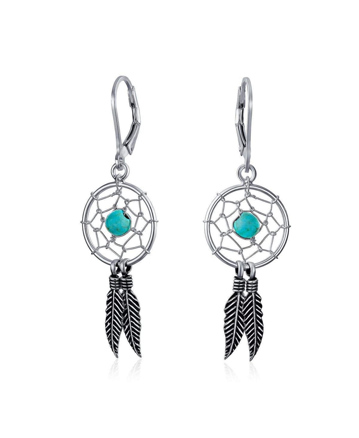 Blue Turquoise Western Jewelry Dream Catcher Feather Dangle Earrings For Women Teen.925 Sterling Silver Product Image