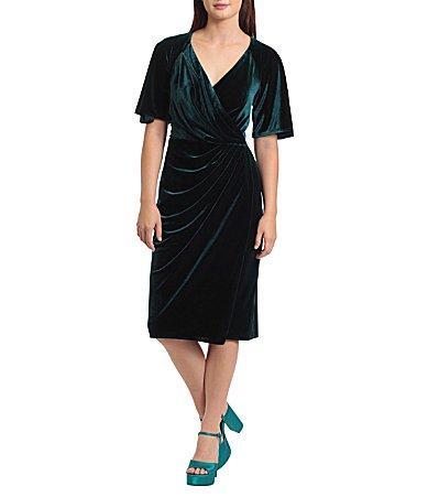 Maggy London Stretch Velvet Surplice V-Neck Short Sleeve Faux Wrap Midi Dress Product Image