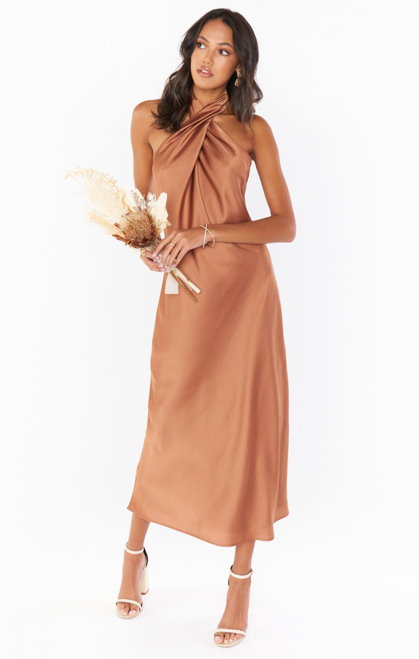 Jasmine Halter Midi Dress ~ Copper Luxe Satin Product Image