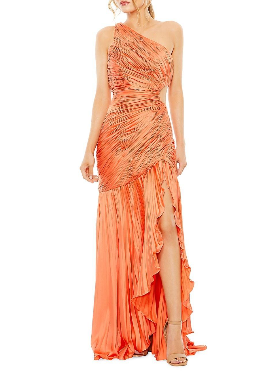 Womens Asymmetric Pleated Satin Gown Product Image