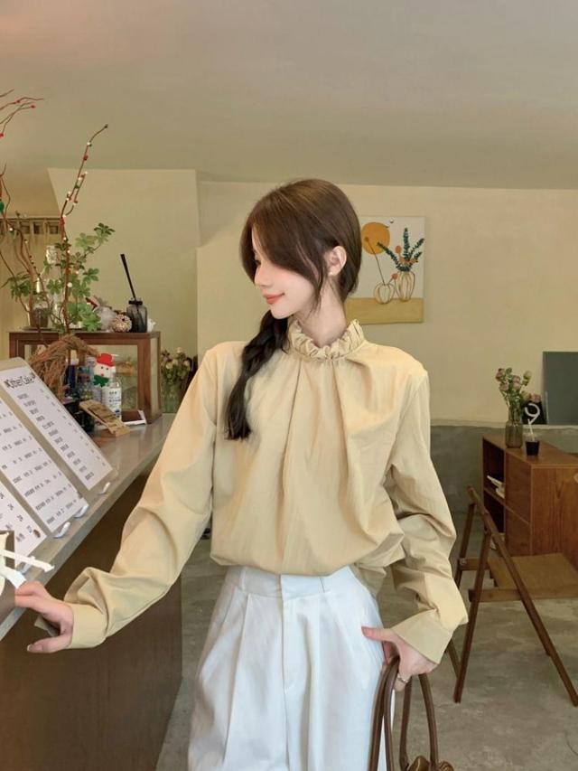 Long-Sleeve Plain Frill Trim Blouse Product Image