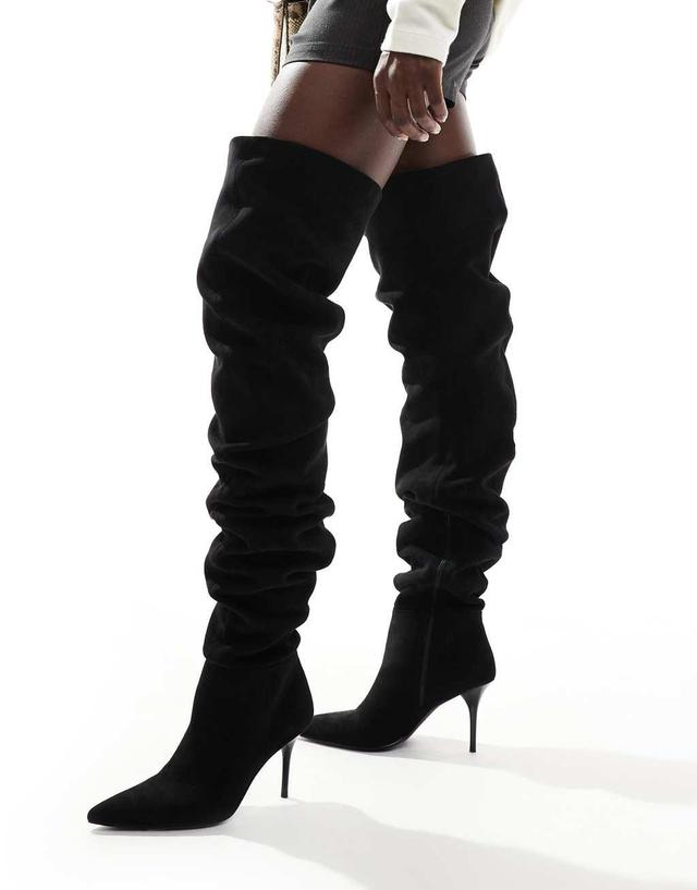 ASOS DESIGN Knock ruched heeled over the knee boots in black Product Image