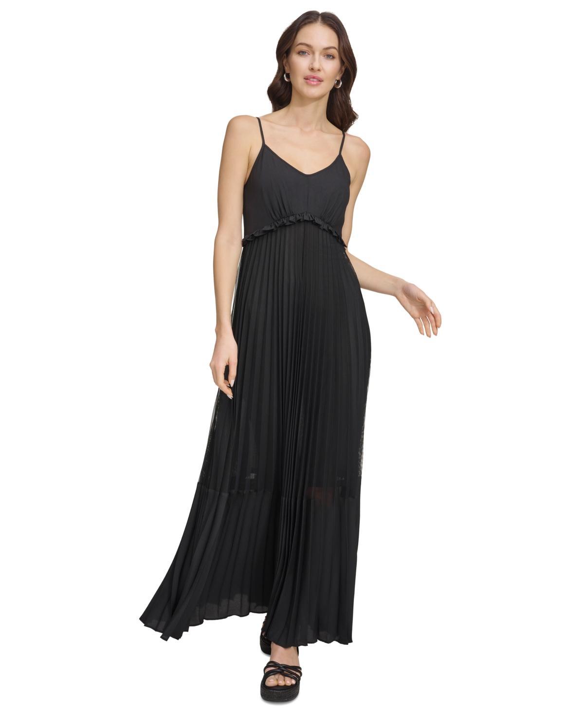 Dkny Womens Solid Tiered Pleated Sleeveless Mesh Maxi Dress Product Image