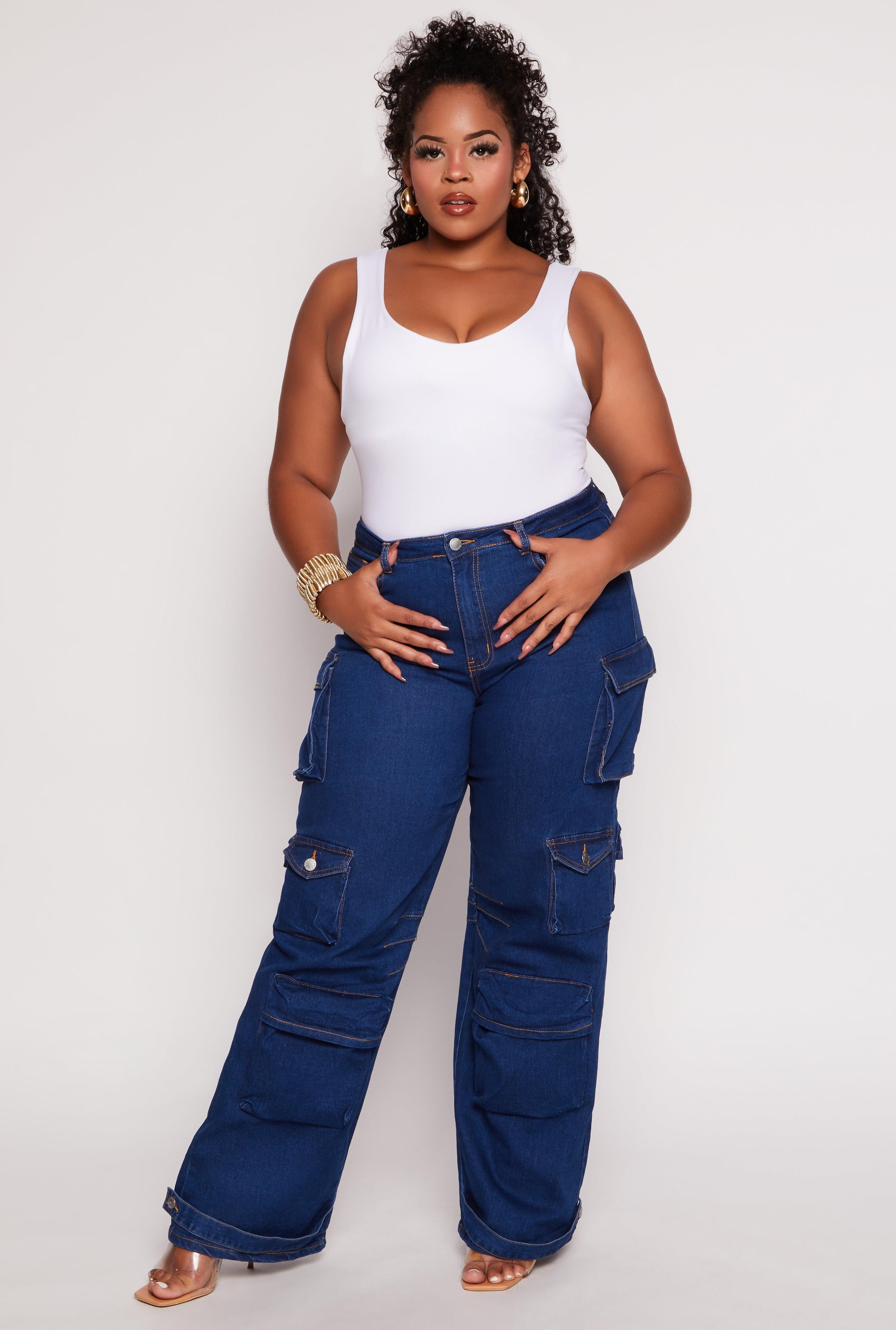 Womens Plus Size Daisy High Waist Wide Leg Cargo Jeans Product Image