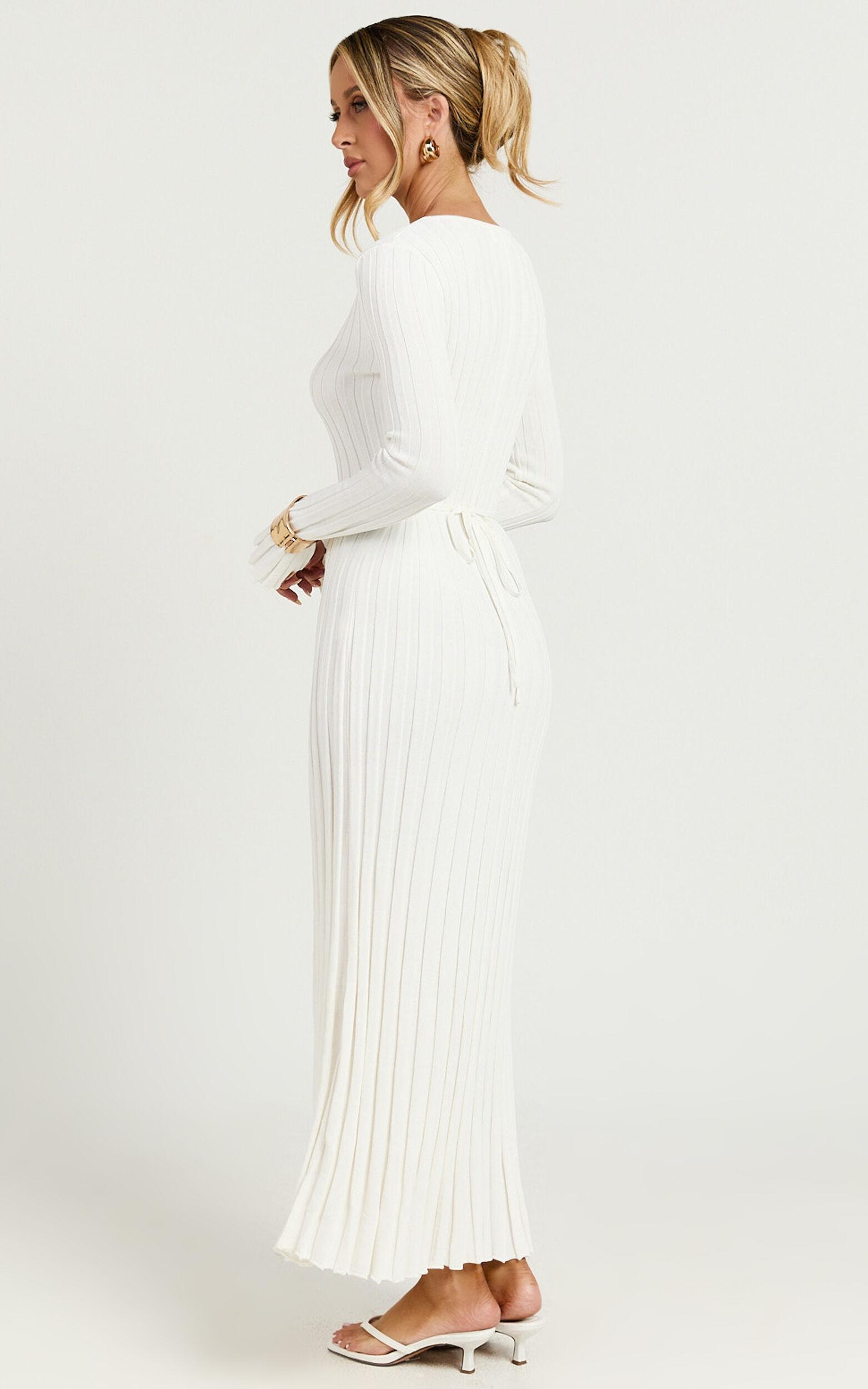 Astra Midi Dress - V Neck Long Sleeve Knit Dress in White Product Image