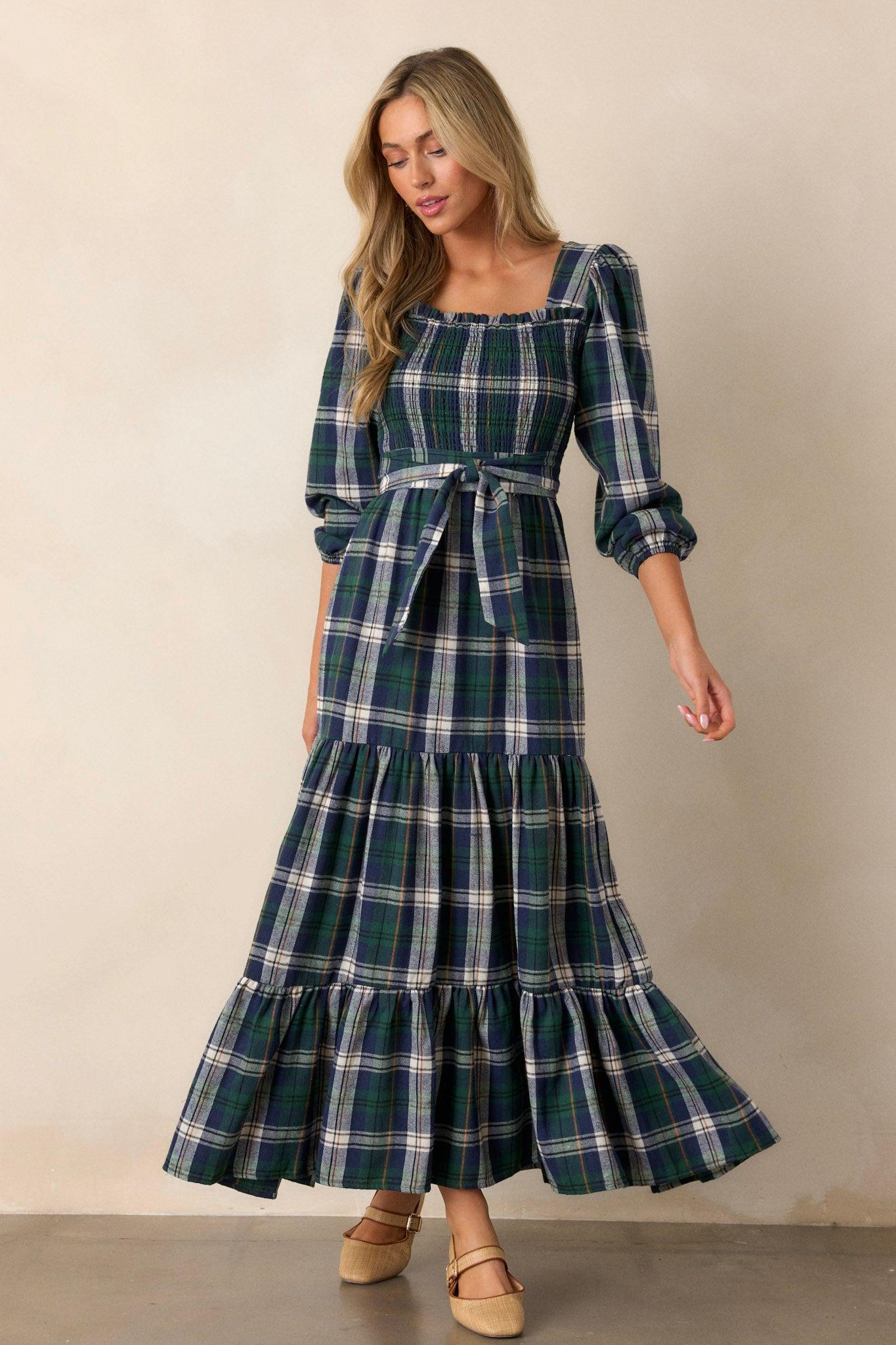 Sweet Sentiments Forest Green Plaid Maxi Dress Product Image