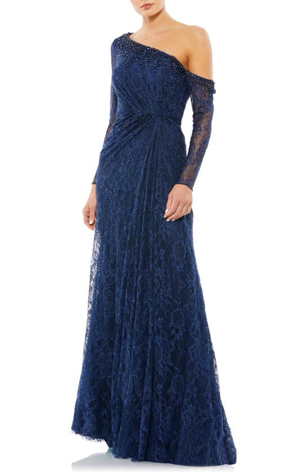 Sequin Lace One-shoulder A-line Gown In Navy Product Image